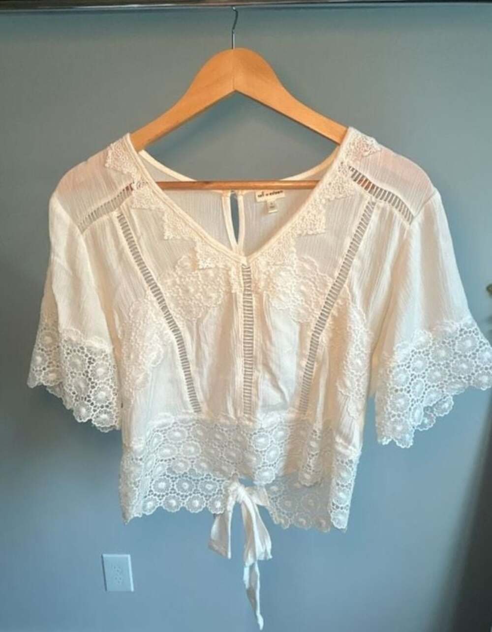 Self Esteem Women's Ivory Tie-Front Blouse with Lace Trim and Flutter Sleeves